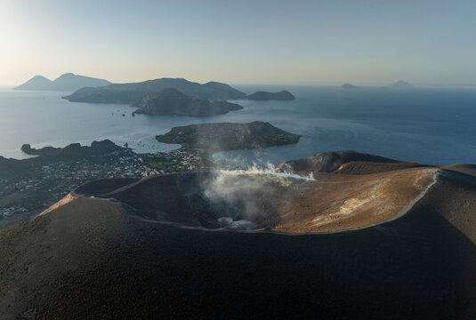 Aerial view of Vulcano crater on Aeolian Islands archipelagos, Messina, Sicily, Italy.