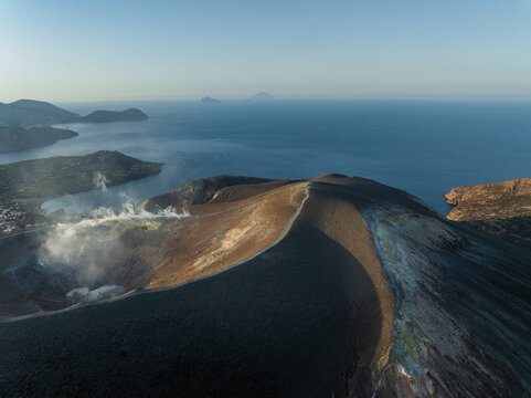 Aerial view of Vulcano crater on Aeolian Islands archipelagos, Messina, Sicily, Italy.