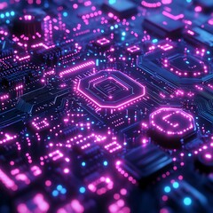 Obraz premium High resolution photo showcasing a futuristic glowing circuit board with pink and blue neon lights