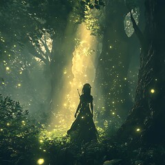Woman in a dark dress stands in a magical forest illuminated by bioluminescence.