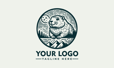 Beaver emblem illustration, detailed sketch style of beaver near water in circular badge design
