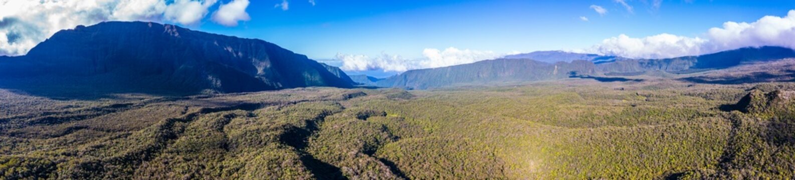 Aerial view of forest and mountains, Foret de Bebour, Reunion Island, an overseas department of France.