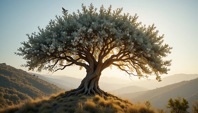 An ancient olive tree in full bloom on a hillside bathed in soft golden light with a small white bird perched on a branch