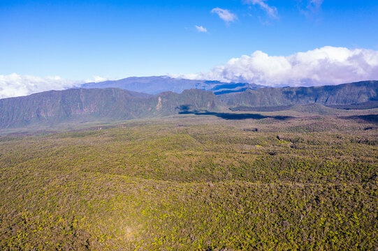 Aerial view of forest and mountains, Foret de Bebour, Reunion Island, an overseas department of France.