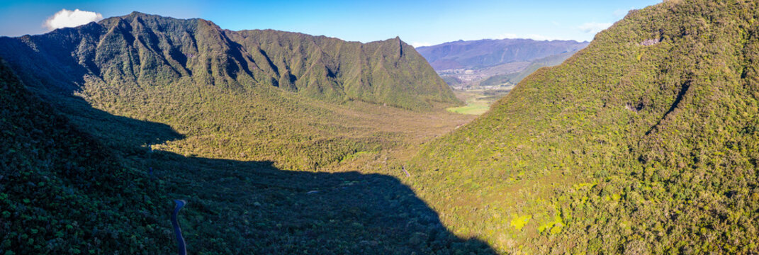 Aerial view of mountains, Col de Bebour, Reunion Island, an overseas department of France.