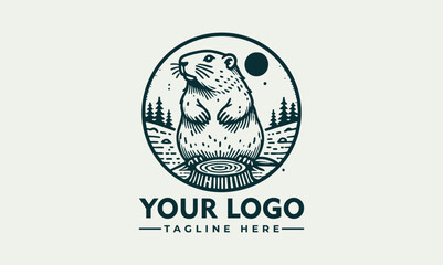 Beaver emblem illustration, detailed sketch style of beaver near water in circular badge design

