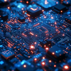 Obraz premium Illuminated circuit board close up high resolution photo depicting technology and digitalization