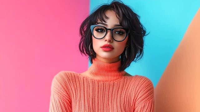 A fashion-forward Gen Z woman in cat-eye glasses and a stylish cropped sweater, posing with a playful expression and a bold pop of color in the background.