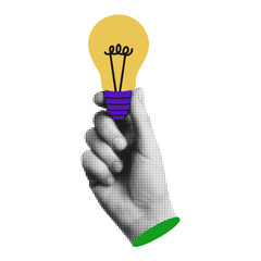 Halftone Hand Gesture Retro Vector Holding Yellow Light Bulb, Creative Idea Innovation Bright Thinking Inspiration Concept
