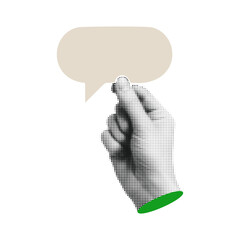 Halftone Hand Gesture Retro Vector Holding Beige Paper Banner Speech Bubble Dialogue Message Communication Talk Expression