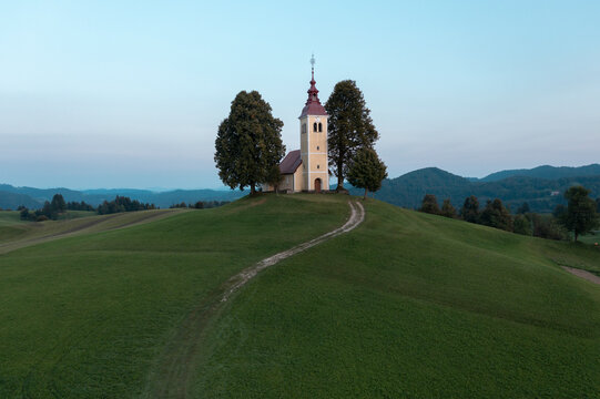 Aerial view of St. Thomas's Church in Ratece, one of the oldest churches in the upper Sava Valley, Kranjska Gora, Slovenia.