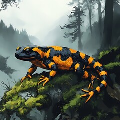 A striking salamander perched on a mossy rock in a misty forest.