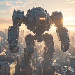 Massive futuristic robot towering over a city skyline.