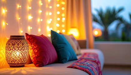 Cozy room with warm lights, pillows, and a patterned lamp