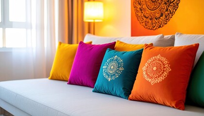 Vivid pillows on a couch with warm lighting and a mandala art piece