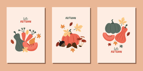 A set of modern flat minimalist autumn posters with vegetables, mushrooms and autumn leaves. Vector design for posters, backgrounds, postcards and more.
