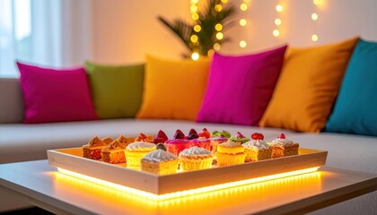 Cupcakes & tartlets on illuminated tray before colorful pillows