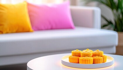 Mooncakes presented on a table, sofa and pillows in the background
