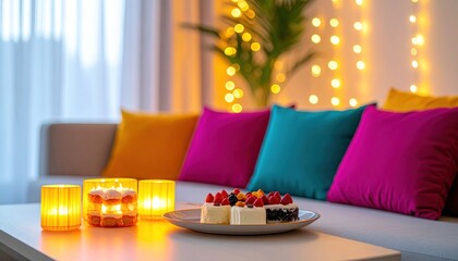 Cozy indoor scene with cake, candles, & colorful pillows on a couch