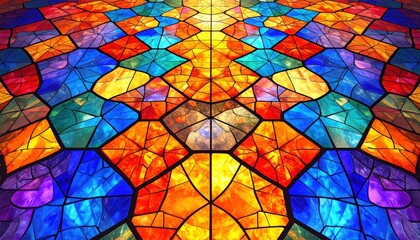Vivid stained glass pane, abstract geometric patterns, jewel tones, kaleidoscopic effect