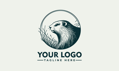 Beaver emblem illustration, detailed sketch style of beaver near water in circular badge design
