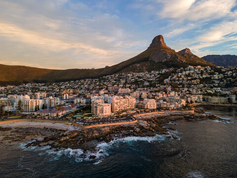 Aerial view of Atlantic Seaboard sunset with Lion&rsquo;s Head Mountain, Bantry Bay and Sea Point from Atlantic Ocean, Cape Town, South Africa.