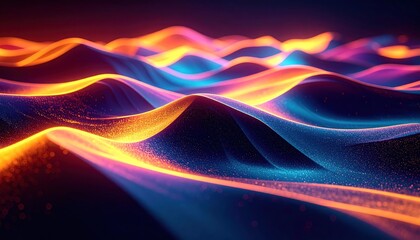 Abstract waves of vibrant orange and blue light flowing softly across a dark landscape