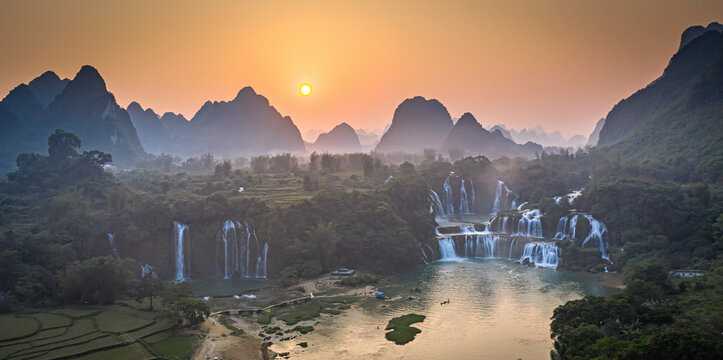 Aerial view of Ban Gioc Detian Falls along the Quay Son River on the Karst hills of Daxin County, Guangxi, China.
