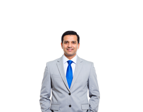 Smiling businessman in a light gray suit and bright blue tie portrait