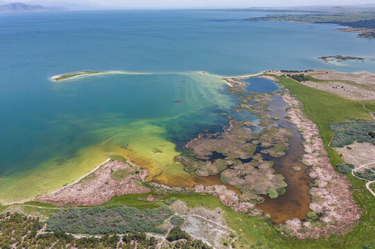 Aerial view of Lake Sevan, an high altitude lake in Norashen, Gegharkunik Province, Armenia.