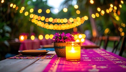 Outdoor table setting with warm candlelight and bokeh string lights