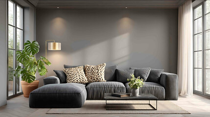 Contemporary American living room interior minimalist blank wall with matte finish soft taupe wall color clean symmetrical composition floortoceiling window