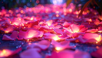 Pink petals illuminated on a dark surface, creating a magical, ethereal, romantic ambiance