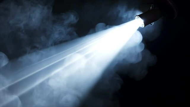 A beam of light illuminates wisps of smoke in the darkness, originating from a cylindrical fixture in the top right corner