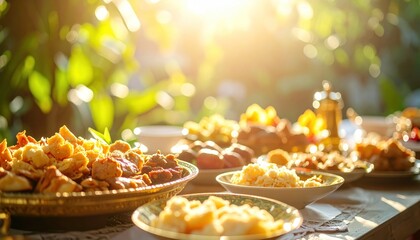 Outdoor buffet table laden with diverse, golden-hued food under sunny, bright bokeh light