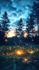 Naklejka premium Enchanting firefly dance forest clearing photography twilight ground level nature's magical display