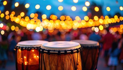 Drums stand foreground. Blurred crowd, bokeh lights, party atmosphere. Warm light glowing inside drums