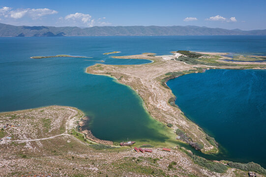 Aerial view of Lake Sevan, an high altitude lake in Norashen, Gegharkunik Province, Armenia.