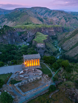 Aerial view of Garni Temple, a christian ancient temple in Garni, Kotayk Province, Armenia.