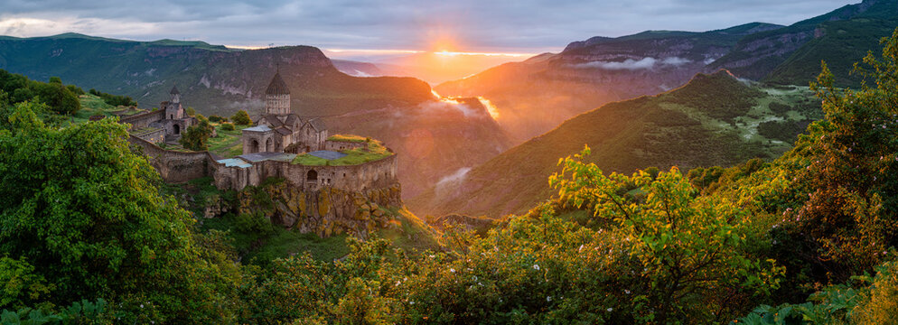 Aerial view of Tatev Monastery on the rocks, a monastery complex with view over the valley and mountains, Tatev, Syunik Province, Armenia.