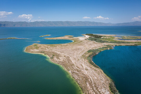 Aerial view of Lake Sevan, an high altitude lake in Norashen, Gegharkunik Province, Armenia.