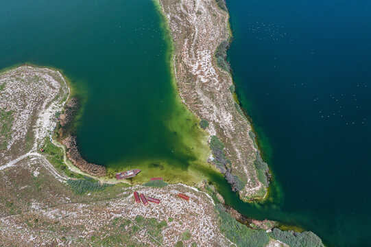 Aerial view of Lake Sevan, an high altitude lake in Norashen, Gegharkunik Province, Armenia.