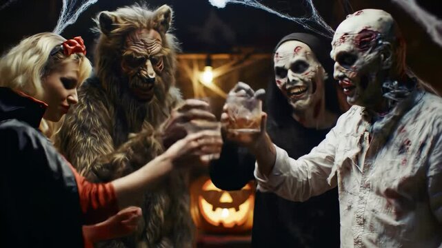 Group of people in spooky Halloween costumes toasting with drinks at festive party with jack o lanterns and cobwebs. Concept of Halloween celebration, fun costume gathering, creepy autumn, friends