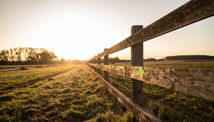 Wooden fence receding into a golden field under a bright, low-angle sunlight