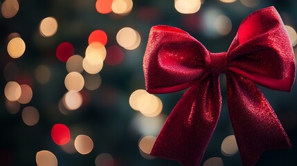 Close-up of a red ribbon bow against a blurred holiday background.