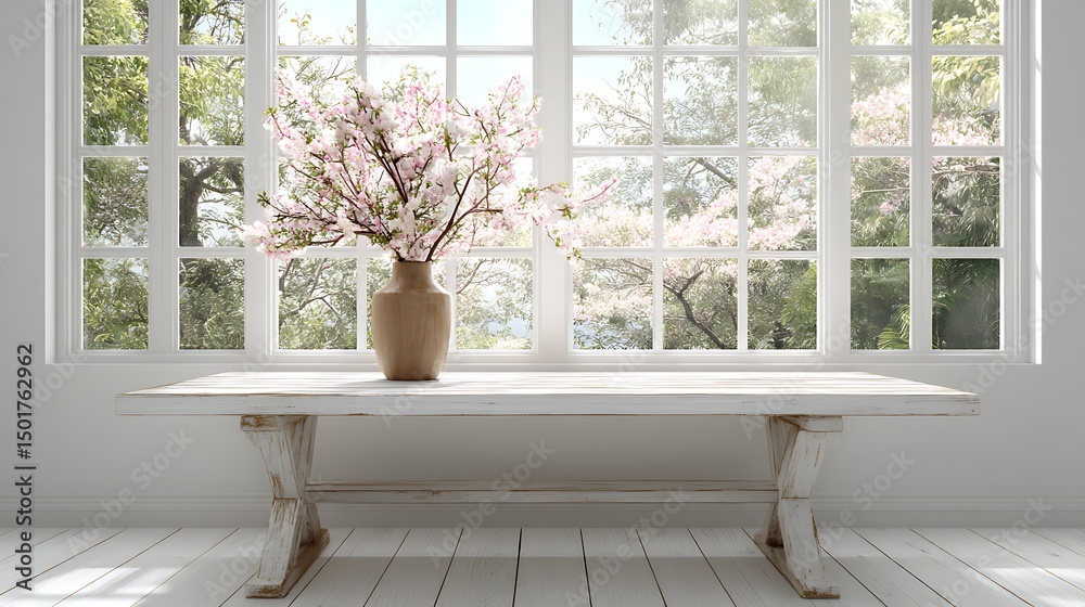 Poster white wood table with large spring window and copy space