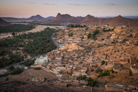 Aerial View of Djanet, an oasis city, and capital of Djanet District as well as of Djanet Province, southeast Algeria.