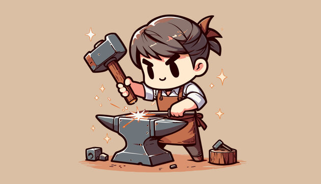 Chibi blacksmith hammering iron on anvil with sparks vector illustration