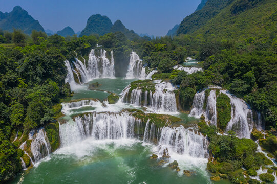 Aerial view of Ban Gioc Detian Falls along the Quay Son River on the Karst hills of Daxin County, Guangxi, China.
