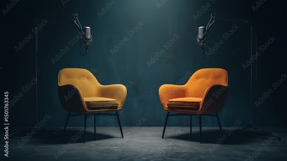 Poster Two chairs and microphones in podcast or interview room isolated on dark background as a wide banner for media conversations or podcast streamers concepts with copyspace
